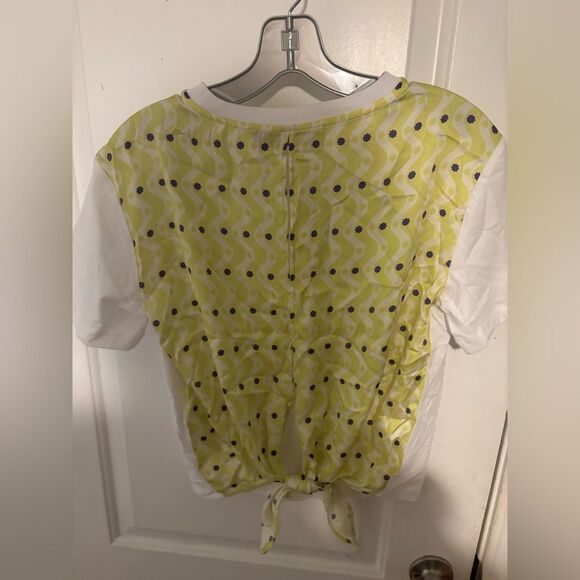 Sandro x Louis Barthelemy White/Yellow Printed Cotton Knit and Satin Dimi TOP - Picture 7 of 8